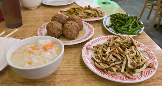 Taiwanese Rice Porridge, Chinese Meatballs, Green Beans, and Bamboo Shoots