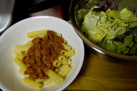 Rigatoni with Meat Sauce and Salad