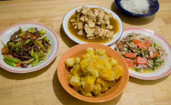 Beef Strips Stir Fried with Celery and Carrots, Potatoes and Pumpkin, Firm Tofu Stir Fried with Mushrooms, and Chicken with Peas and Carrots