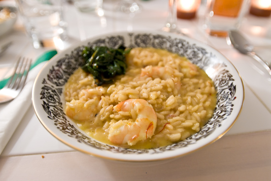 Shrimp Risotto Infused with Saffron with Beet Greens