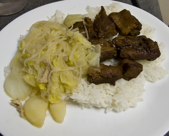 Pork Rib Meat Braised in Soy Sauce, Napa Cabbage with Bean Vermicelli and Potatoes, and Rice