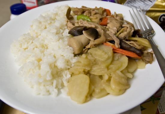 Chicken Stir-Fried with Mushroom and Vegetables and Potatoes