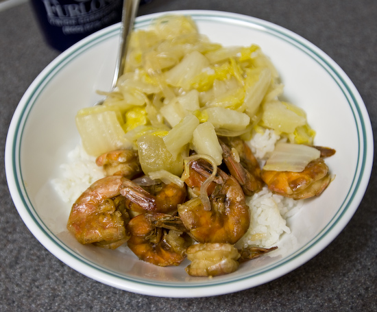 Shrimp, Napa Cabbaged Cooked with Potatoes and Bean Thread Noodles, and Rice