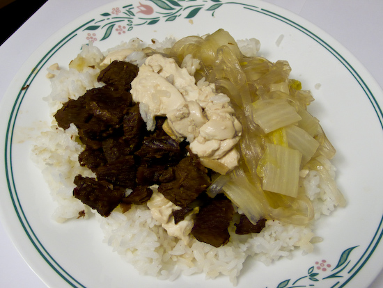 Stewed Pork, Tofu, and Napa Cabbage with Mung Bean Noodles over Rice