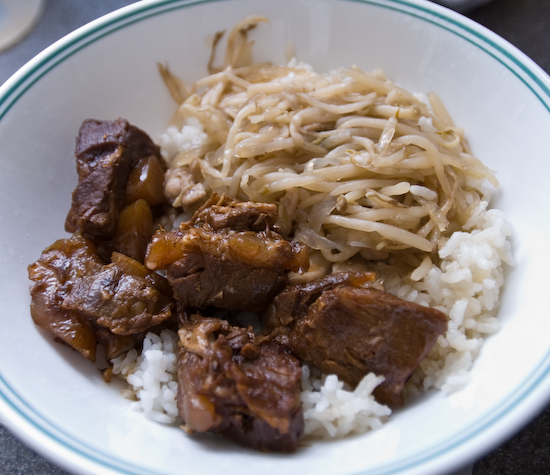 Rice with Stewed Pork and Bean Sprouts