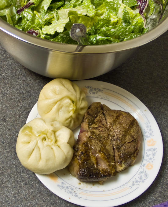 Bean vermicelli, egg, and garlic chive buns with leftover steak and salad