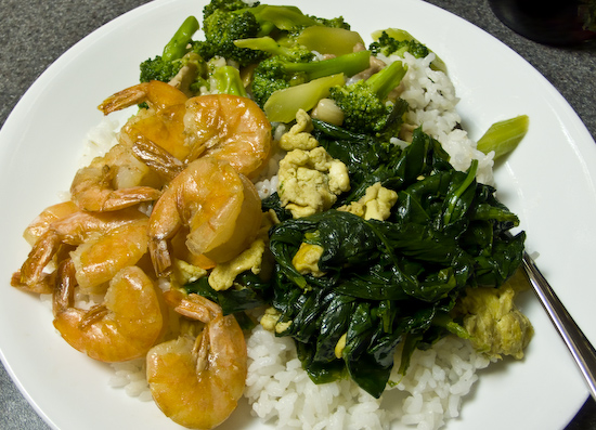 Stir-fried Broccoli with Pork, Spinach and Egg, and Shrimp Over Rice