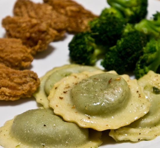 Spinach Ravioli, Chicken Wings, Broccoli