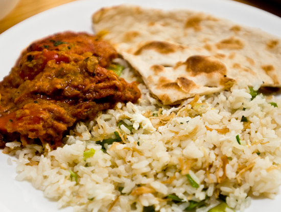 Rice, naan, lamb