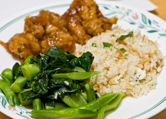 fried rice, sauteed Chinese broccoli, and Schezuan shrimp