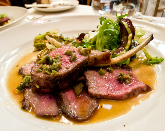 Chez Panisse - Grilled rack and loin of Cattail Creek Ranch lamb with tapenade sauce, artichoke and spring onion  ragoût, and warm chicories