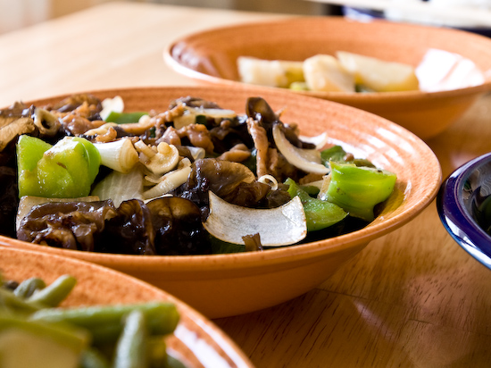 Stir-fried pork, woodear mushrooms, bell peppers, and onions