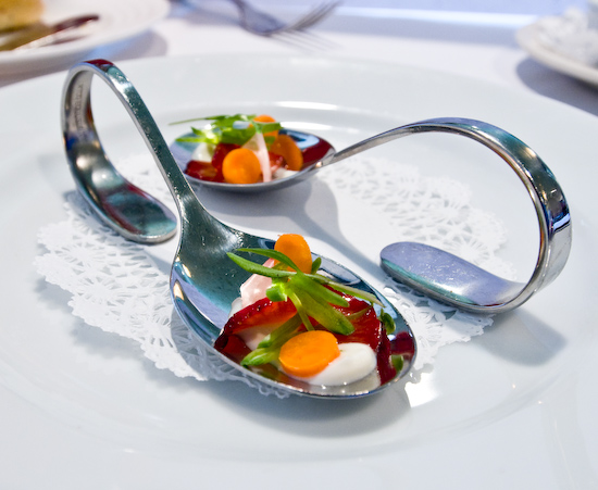 Zoot - Amuse Bouche (greek yogurt, strawberry, carrot, snow pea, and pickled radish)