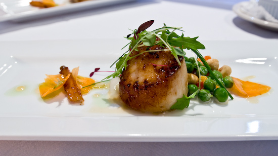 Zoot - Seared scallops with sunchoke puree, hazel nuts, English peas and key lime gastrique