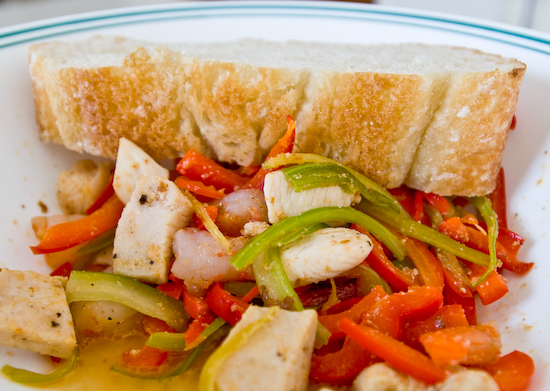 Chicken and Shrimp with Red Bell Peppers and Celery