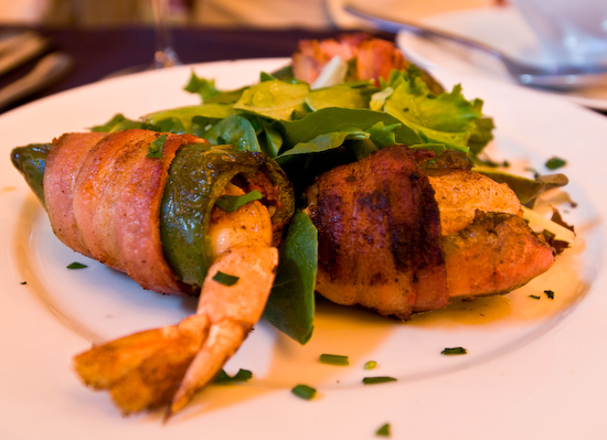 Fion Wine Pub - Pan-Roasted Jalapenos stuffed with Jumbo Shrimp, Goat Cheese & Chorizo, wrapped in Bacon and Fresh Herbs
