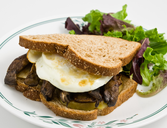 Eggplant, portabello mushrooms, sunchokes, and egg sandwich