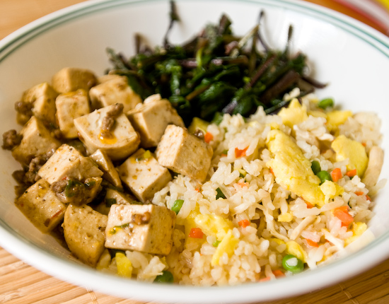 Leftover fried rice, mapo doufu, and red dandelion greens