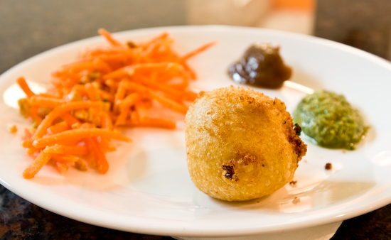 Potato Fritters, Carrot Salad, Chutney