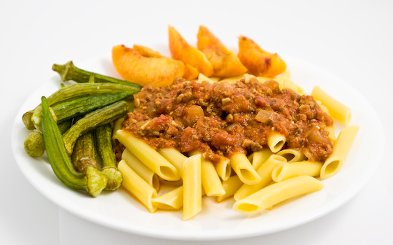 Maestri Pastrai Lemon Penne with Meat Sauce, Okra Chips, and Fresh Stone Fruit