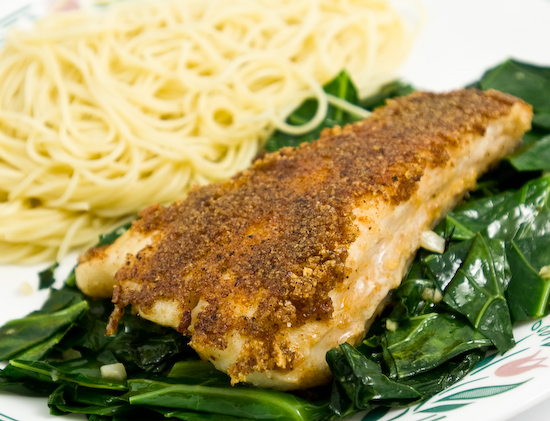 Prok Rind encrusted Halibut on Collard Greens with Capellini