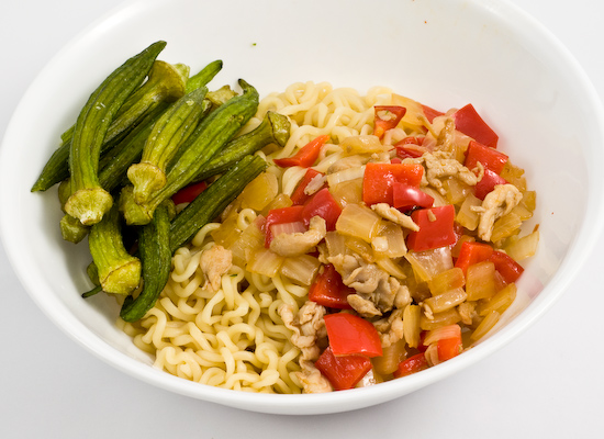 Paldo Ramen with Okra Chips and leftover chicken stir-fry