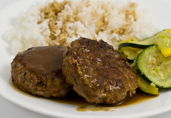 Salisbury Steak, Gravy, Summer Squashes, and Rice