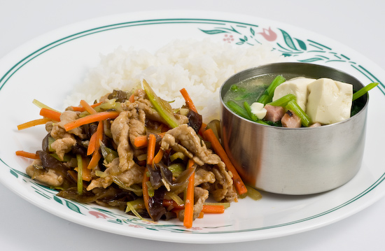 Pork, celery, carrots, and woodear stir fry with spinach, ham, and tofu soup