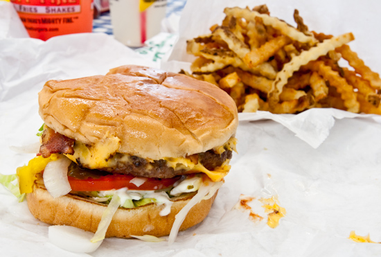 Mighty Fine Burgers - Jr. Cheeseburger with bacon and Fries