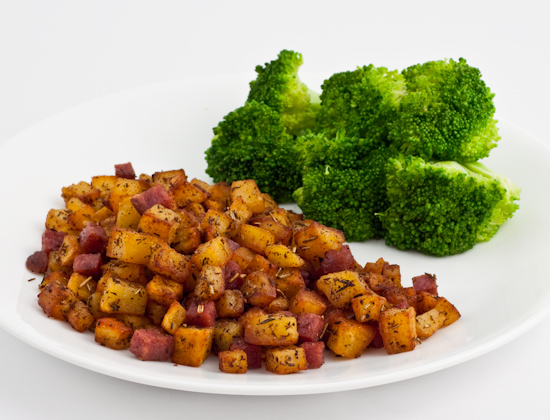 potato and salami hash, broccoli