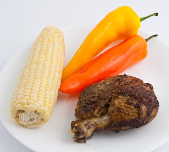 Sweet corn, sweet peppers, leg of chicken