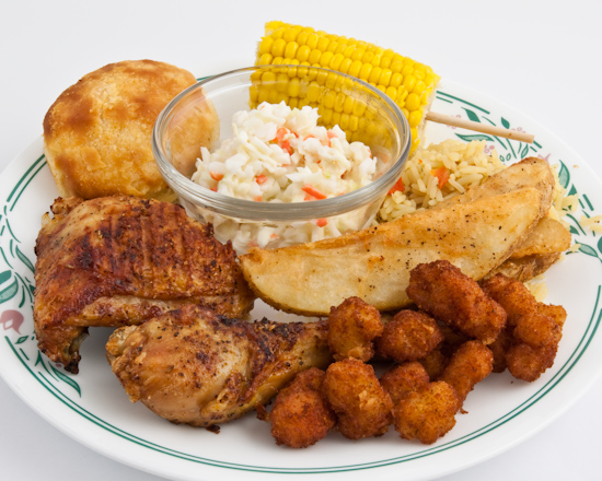 KFC - Grilled Chicken, Cole Slaw, Rice, Corn, Potato Wedges and Long John Silver’s Buttered Lobster Bites