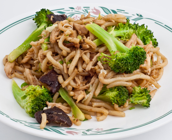 Stir-fried udon with broccoli, shiitake, and chicken