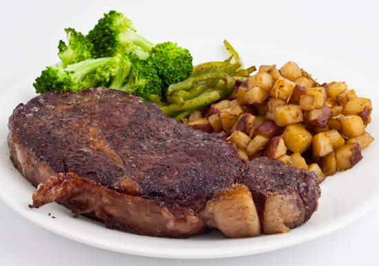 ribeye steak, hatch chiles, broccoli, potato and sunchoke hash