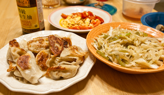Potstickers, Cabbage with Green Peppers, Tomatoes with Egg