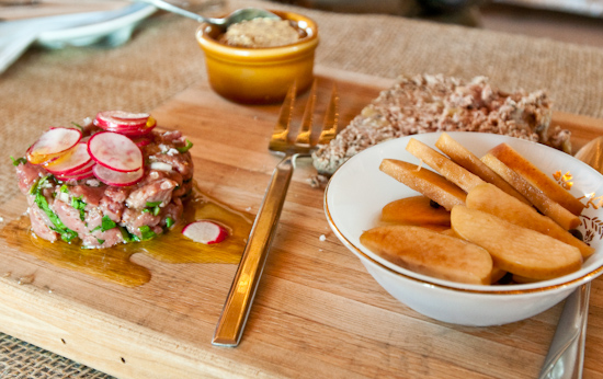 Dai Due Supper Club - Venison Liver & Apple Pate with Pickled Apples & Rye and Venison Tartare with Radishes and Arugula