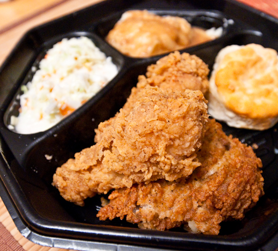 KFC - Three piece meal (two legs and a thigh) with mashed potatoes and gravy and cole slaw