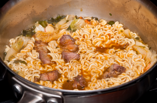 Nong Shim Seafood Ramyun with cabbage and steak
