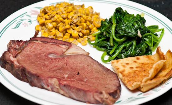 Leftover Christmas Dinner - Prime Rib, Corn, Spinach, and Yorkshire Pudding