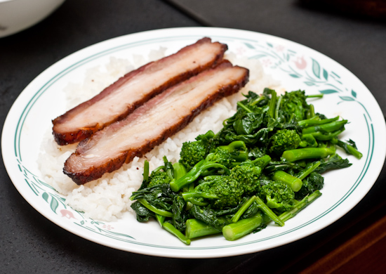 Smoked pork belly with rice and broccoli rabe