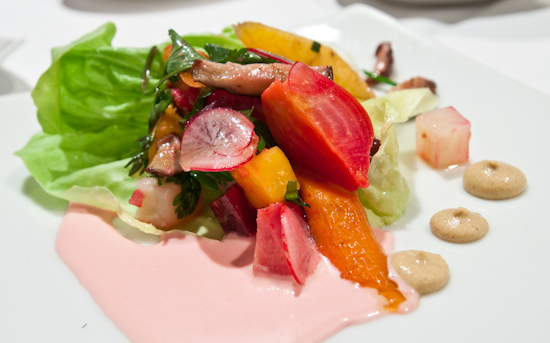 Zoot - Roasted local root vegetables with butter lettuce, rhubarb vinaigrette and Dijon mustard