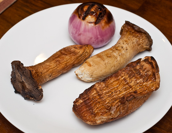 Grilled Onion, Trumpet Mushrooms, Abalone Mushroom