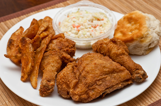 KFC - Three Piece Meal (two legs and a thigh) with potato wedges