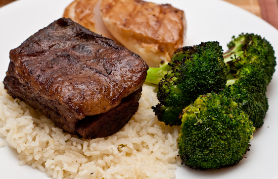 Sous Vide Short Ribs, Seasoned Rice, Grilled Broccoli, and Mystery Fish