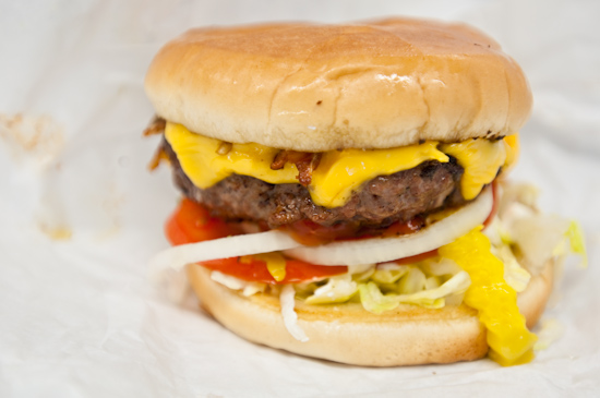 Mighty Fine - Cheeseburger, Red & White with Bacon, Grilled Jalapenos, and All the Veggies