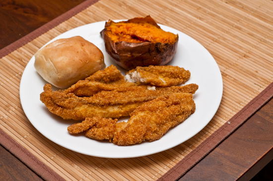 Leftover Texas Roadhouse Fried Catfish, Sweet Potato, and Bread