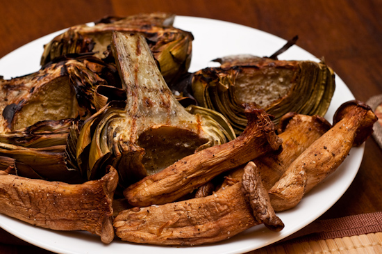 Grilled Artichokes and Grilled Trumpet Mushrooms