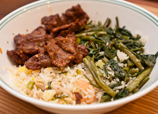 Leftover fried rice, sauteed water spinach, and cumin beef from Asia Cafe