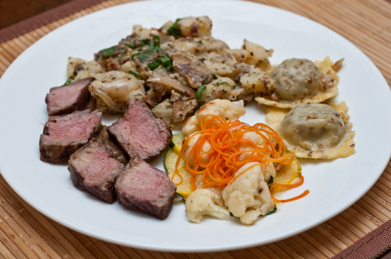 Leftover Zoot Ravioli, Rib Eye, and warm German Potato Salad