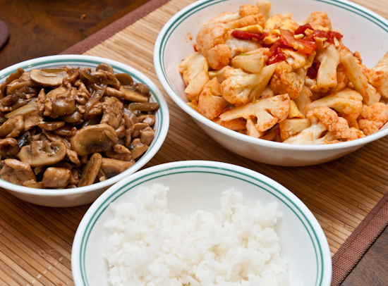 Mushroom Chicken, Tomato Cauliflower and Egg, White Rice